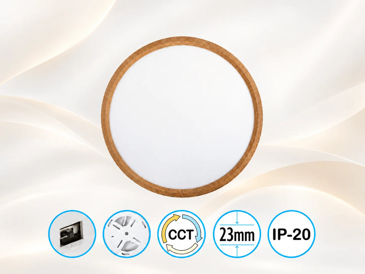 פאנל ELEMENT CCT עגול דק במיוחד של OMEGA, עם מסגרת דמוי עץ וכיסוי לבן, מותקן כצמוד תקרה.