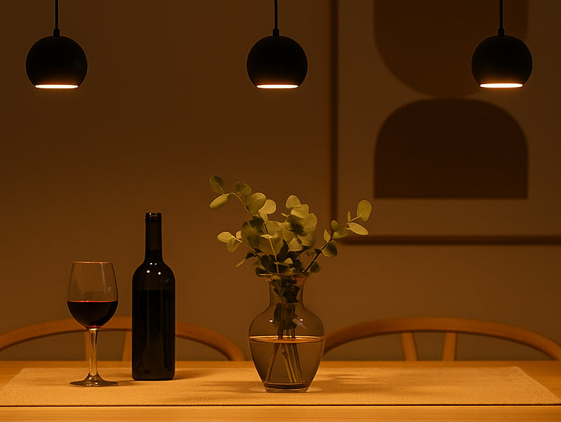 שלושה גופי תאורה תלויים מעל שולחן אוכל