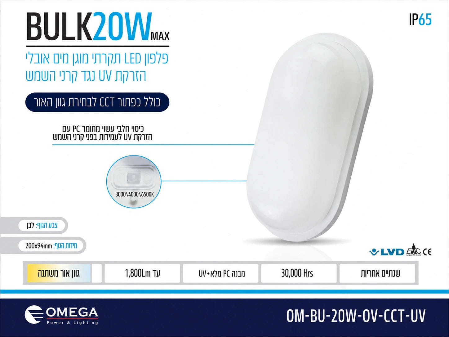 כרטיס מפרט לגוף תאורה BULK 15W אובלי לבן עם מפזר אור חלבי