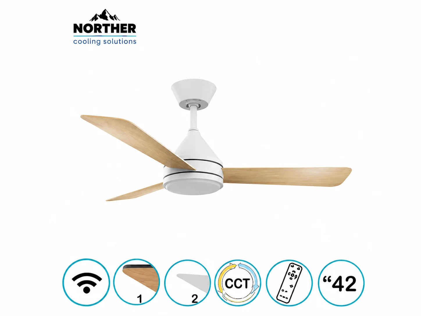 מאוורר תקרה Northern עם גוף לבן, כנפיים דמויות עץ וסמלי מאפייני המוצר