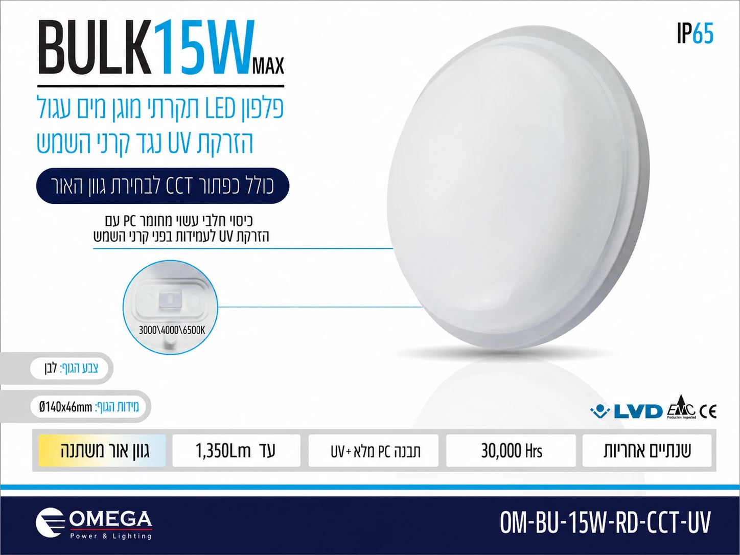 כרטיס מפרט לגוף תאורה BULK 15W עגול לבן עם מפזר אור חלבי לתאורת חוץ ופנים