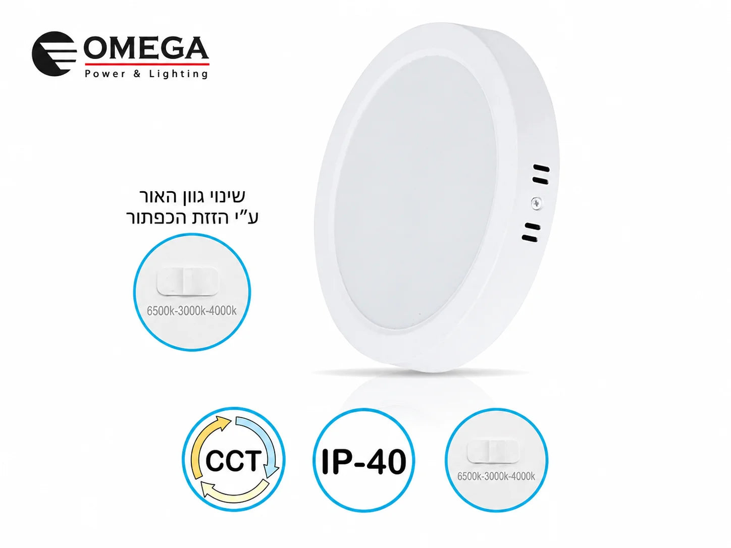גוף תאורת LED עגול של OMEGA במבט אלכסוני עם סימוני CCT ו־IP44