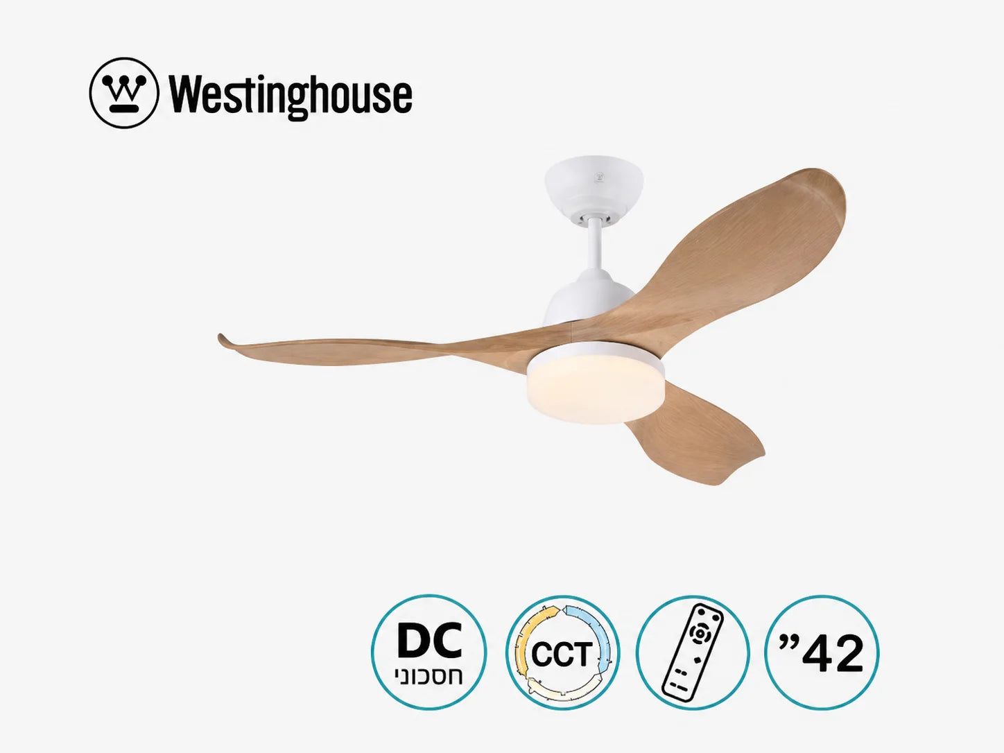 מאוורר תקרה Westinghouse עם כנפי עץ, תאורה מובנית וסמלי תכונות המוצר