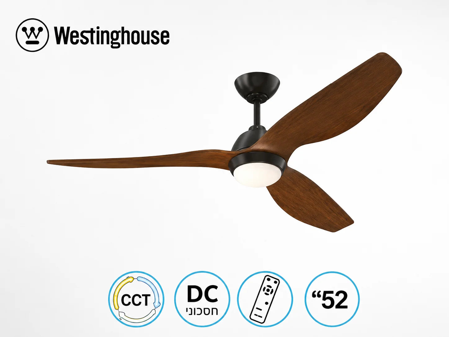 מאוורר תקרה Westinghouse שחור עם 3 כנפיים בגוון עץ וסמלי מאפיינים