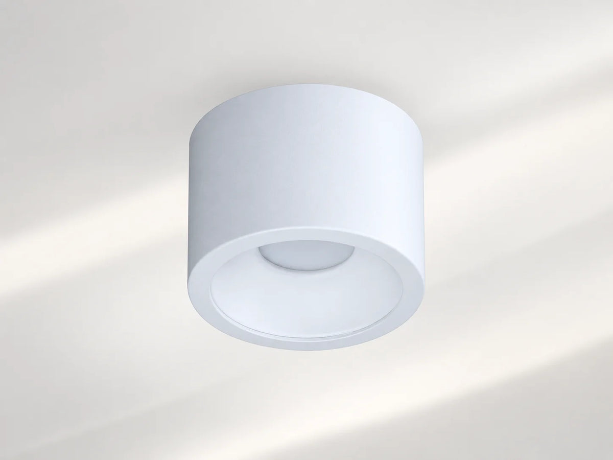 גוף תאורה צמוד תקרה OMEGA RAY צלינדר לבן מט, מוגן מים, להתקנה על תקרה בהירה.