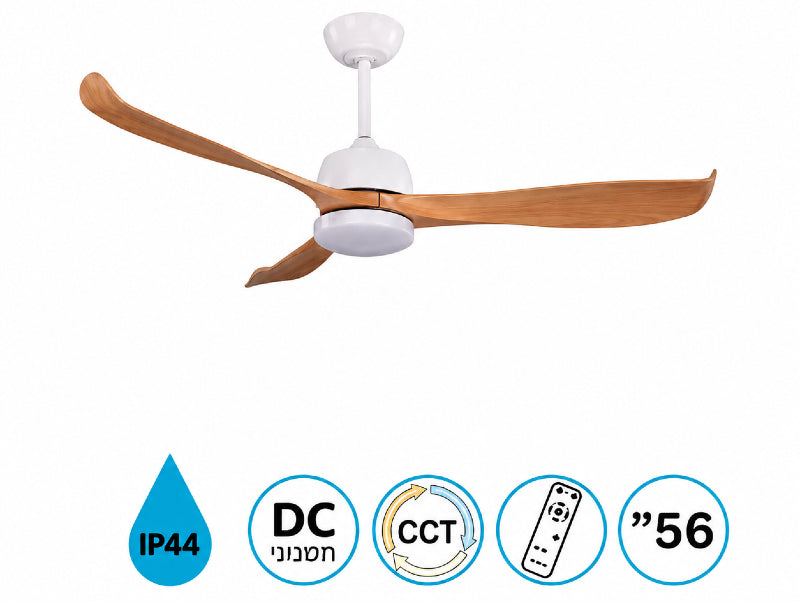מאוורר תקרה לבן עם שלוש כנפיים בגוון עץ וגוף תאורה תחתון, מוצג כתמונת מוצר עם סמלי תכונות.