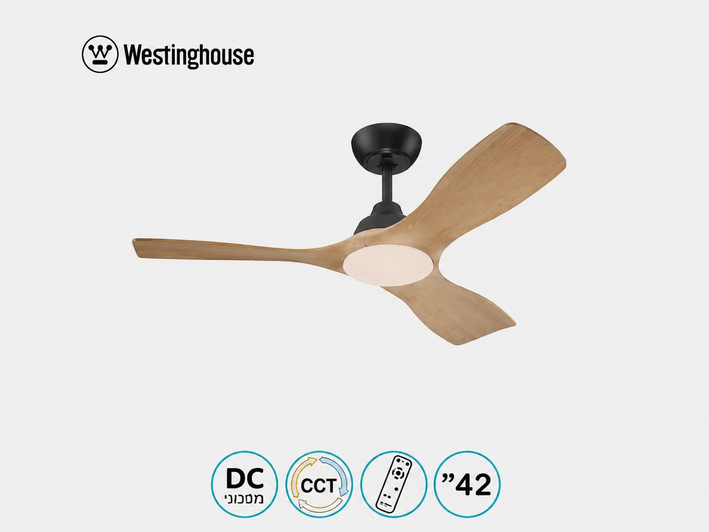 מאוורר תקרה Westinghouse עם כנפי עץ, גוף שחור וסמלי מאפייני המוצר
