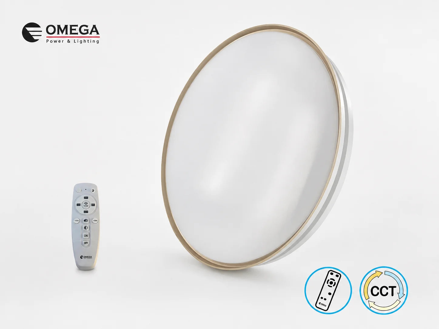 גוף תאורה OMEGA לבן־זהב עם שלט רחוק ואפשרות להתאמת גוון האור
