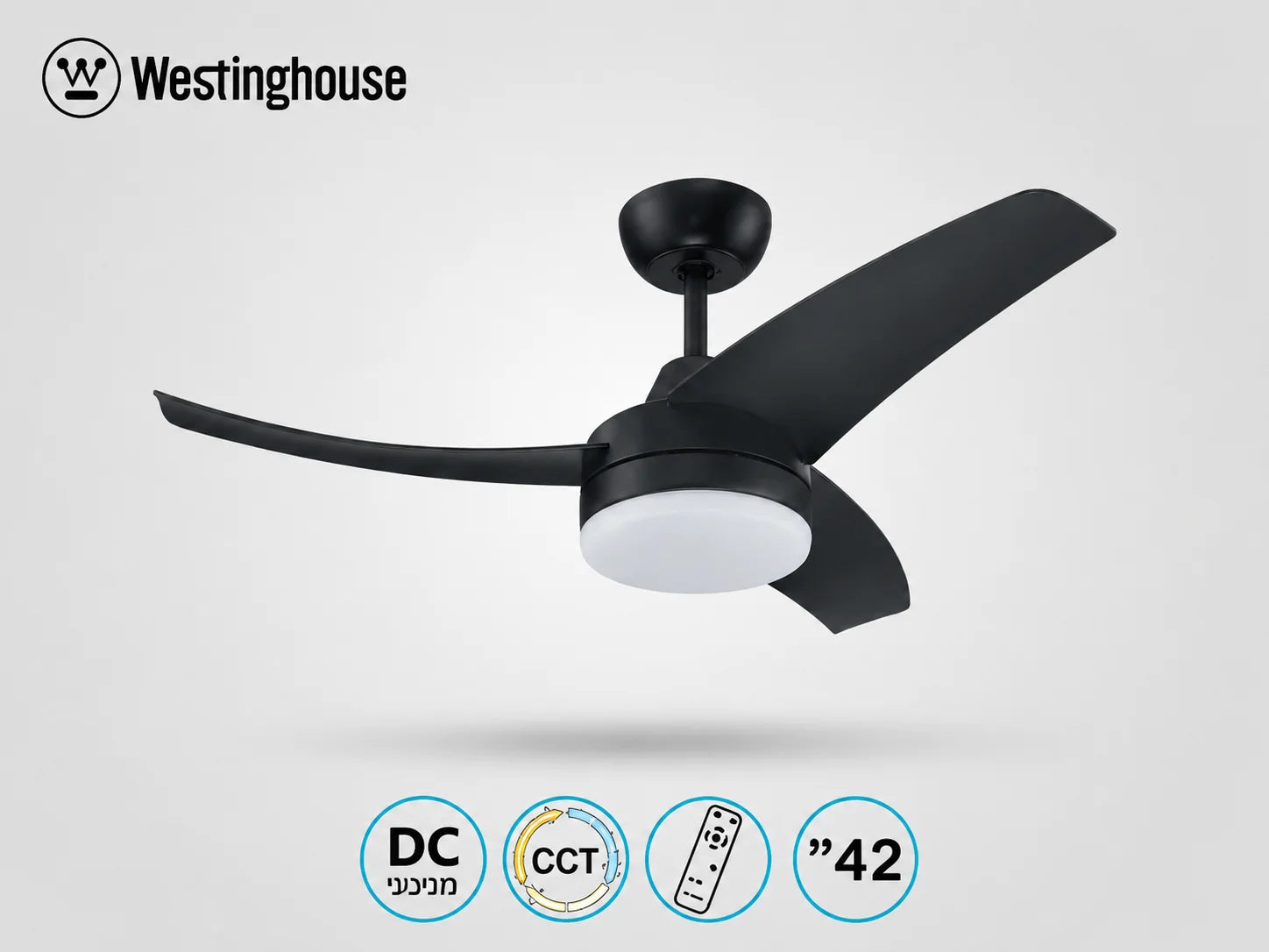 מאוורר Westinghouse בגימור שחור עם שלוש כנפיים וסמלי מאפייני המוצר