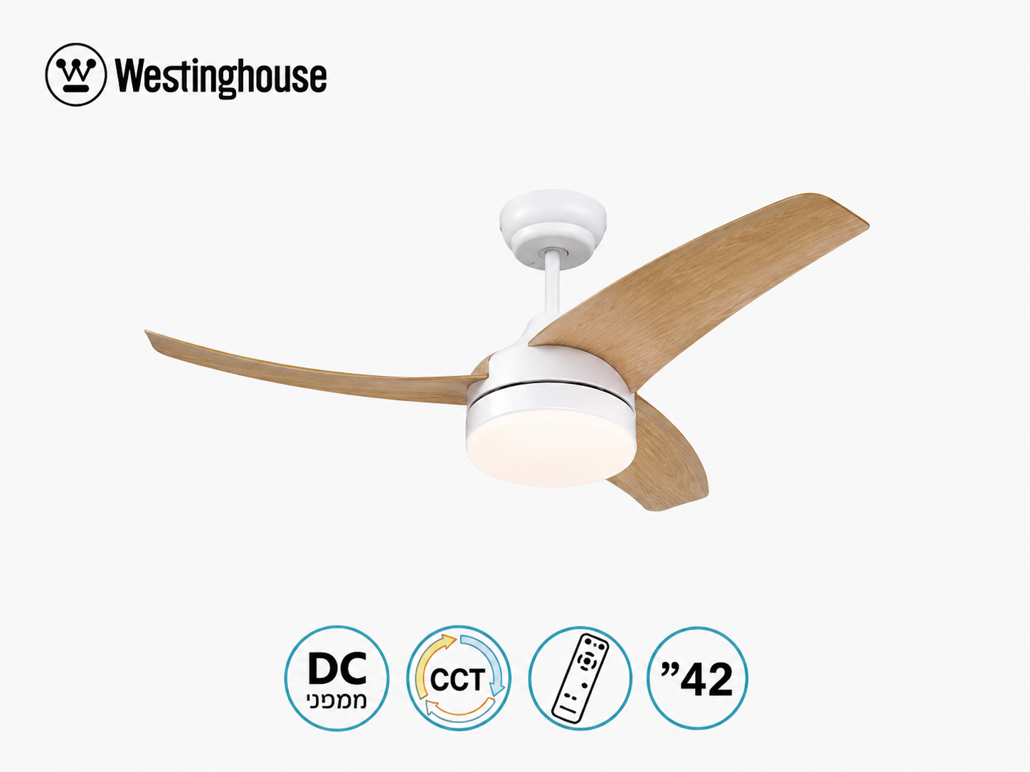 מאוורר תקרה Westinghouse עם גוף לבן, כנפי עץ ותאורה מובנית
