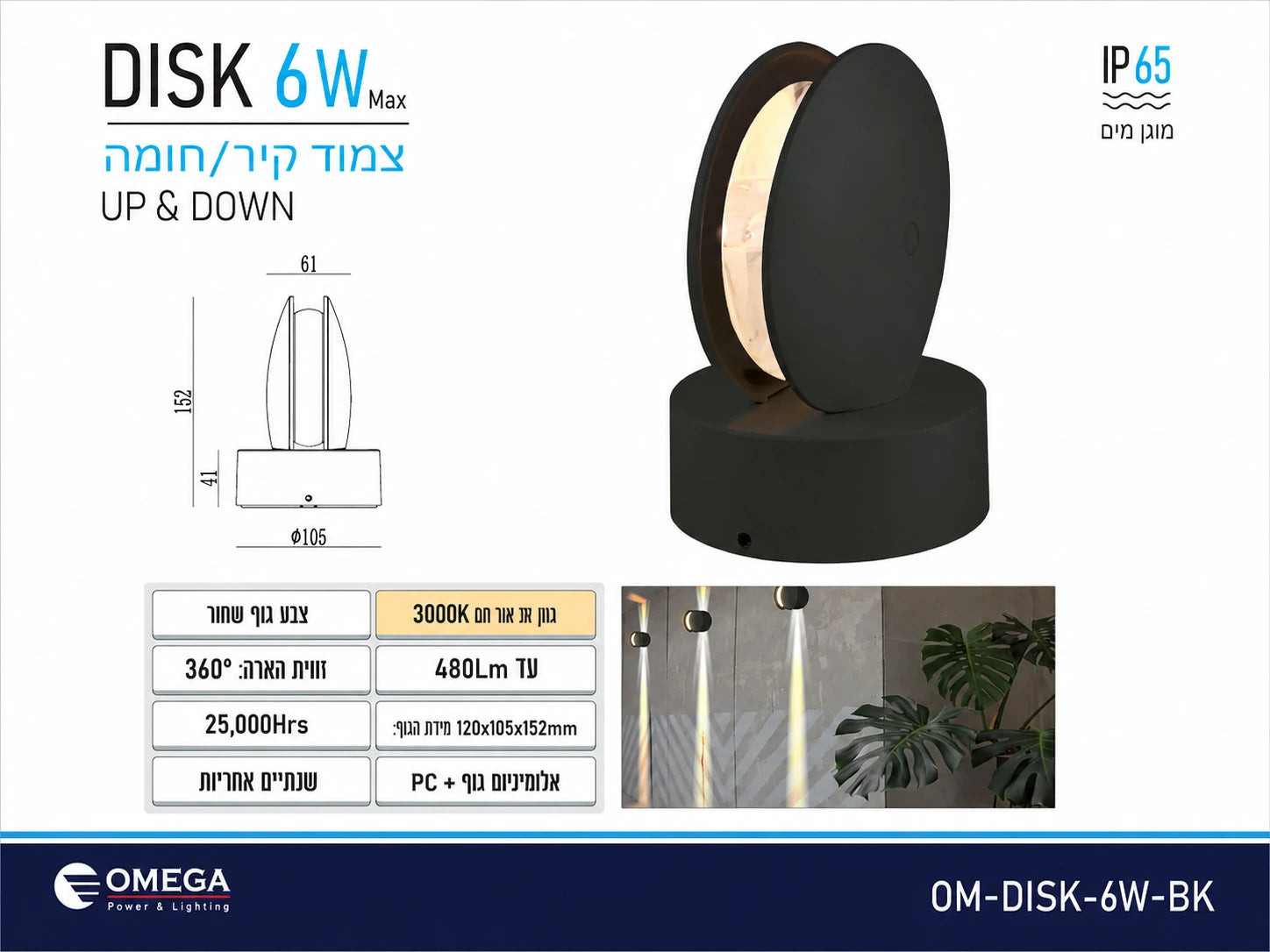 תרשים מוצר של גוף תאורה DISK בהספק 6W עם מידות ומאפיינים טכניים