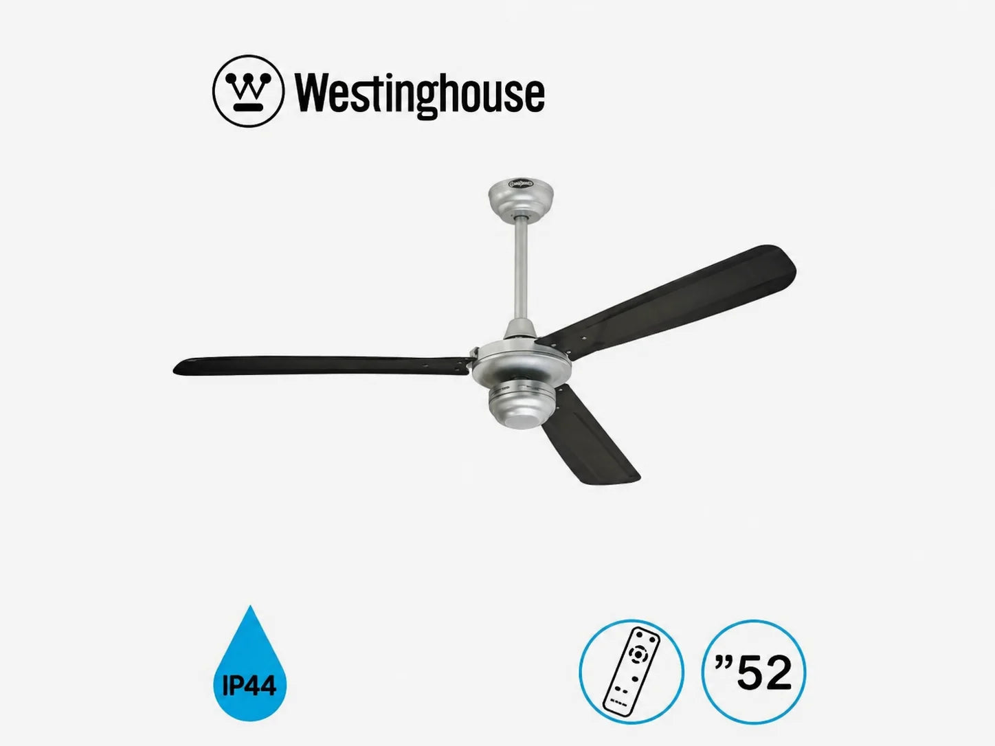 מאוורר תקרה Westinghouse בצבע כסוף־שחור עם תאורה וסמלי מאפיינים
