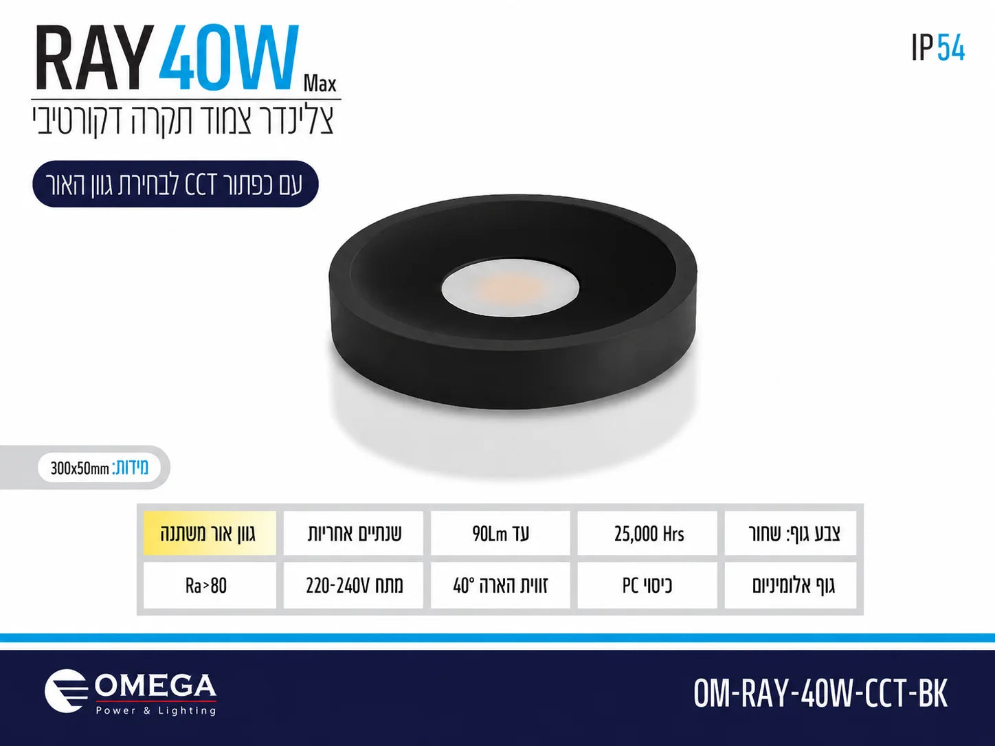 תרשים מוצר של צילינדר תאורה RAY בהספק 40W בגוון שחור עם מידות ומאפיינים טכניים