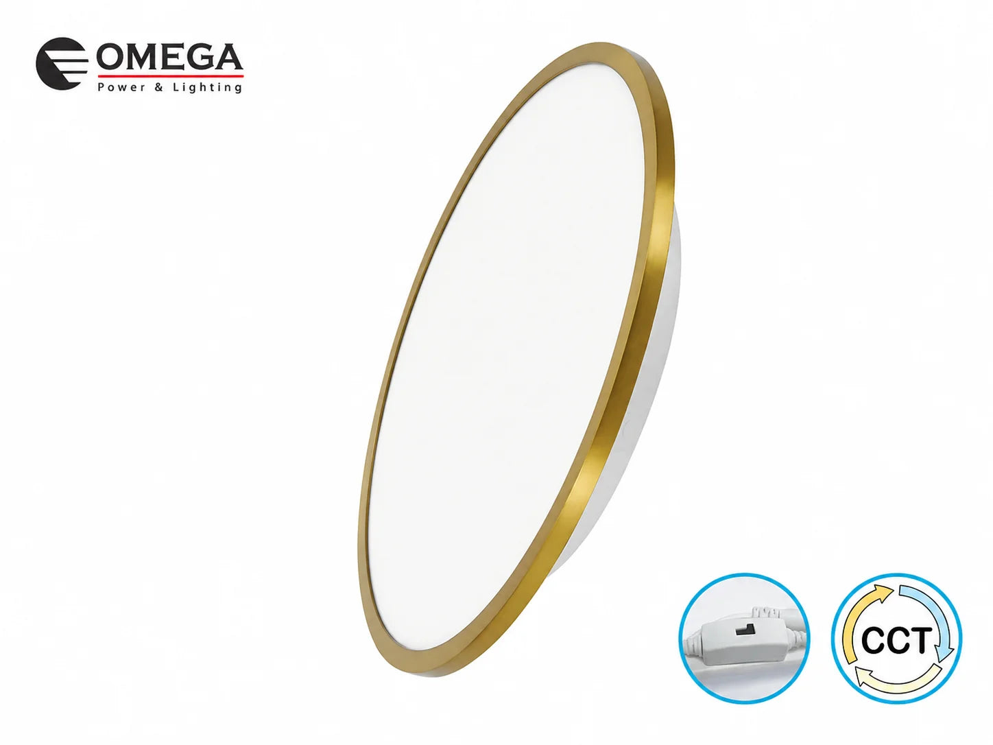 פאנל LED עגול של OMEGA במסגרת זהב ובמבנה דק ומרחף
