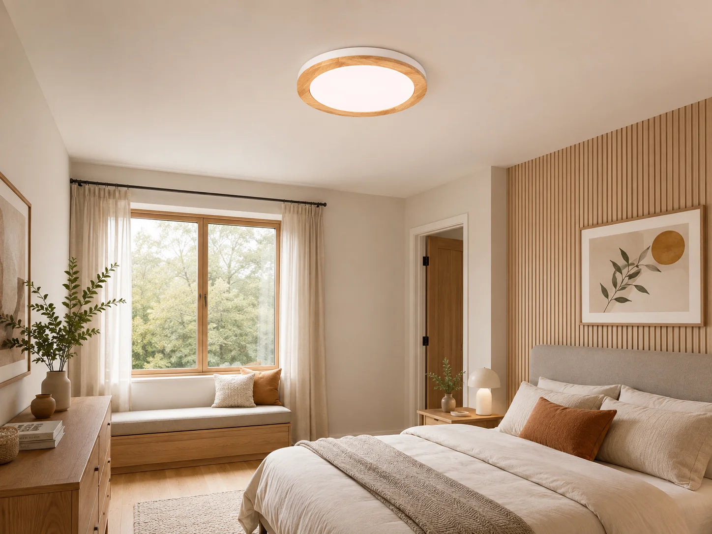 גוף תאורה צמוד תקרה בגוון עץ מותקן בחדר שינה בהיר