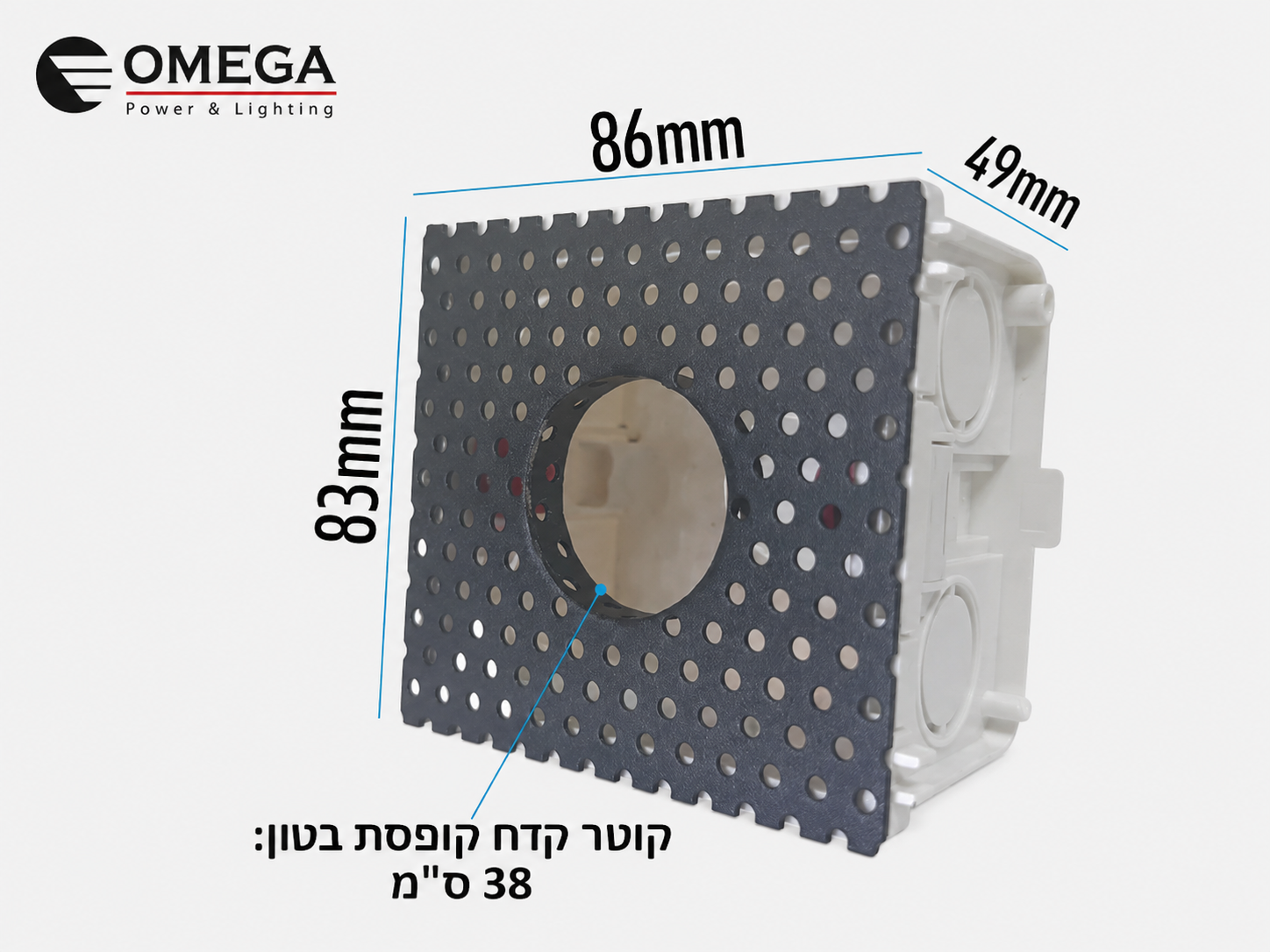 שרטוט מידות ומבנה אחורי של גוף תאורה שקוע קיר BLANK