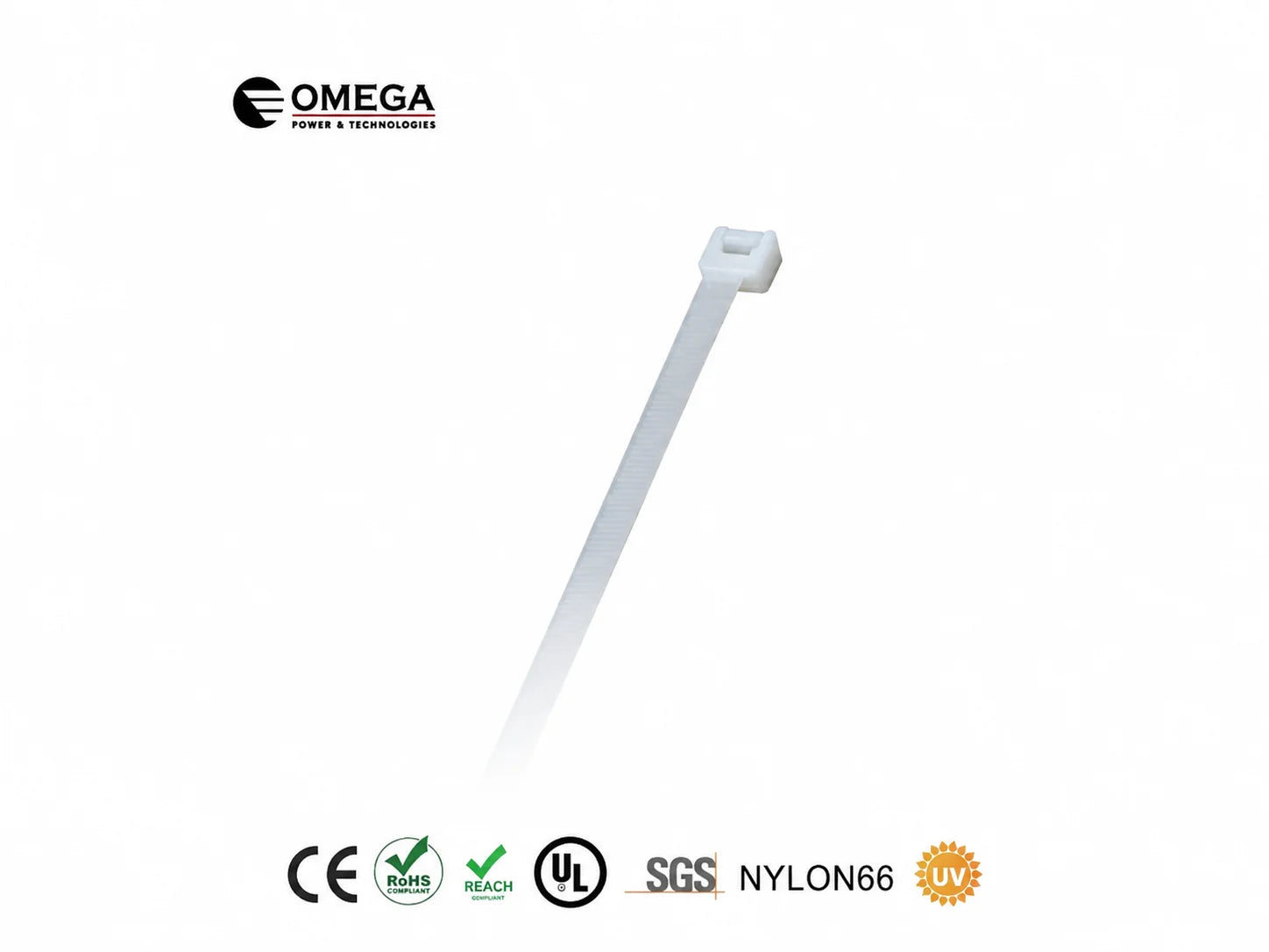 אזיקון פלסטיק לבן של OMEGA במבט מלא עם סימוני תקן ואיכות