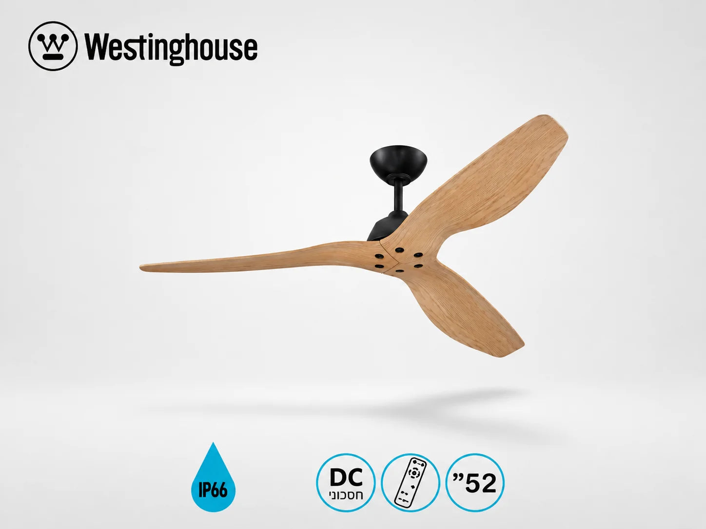 כרטיס מוצר למאוורר תקרה Westinghouse בגימור עץ עם סמלי מאפיינים
