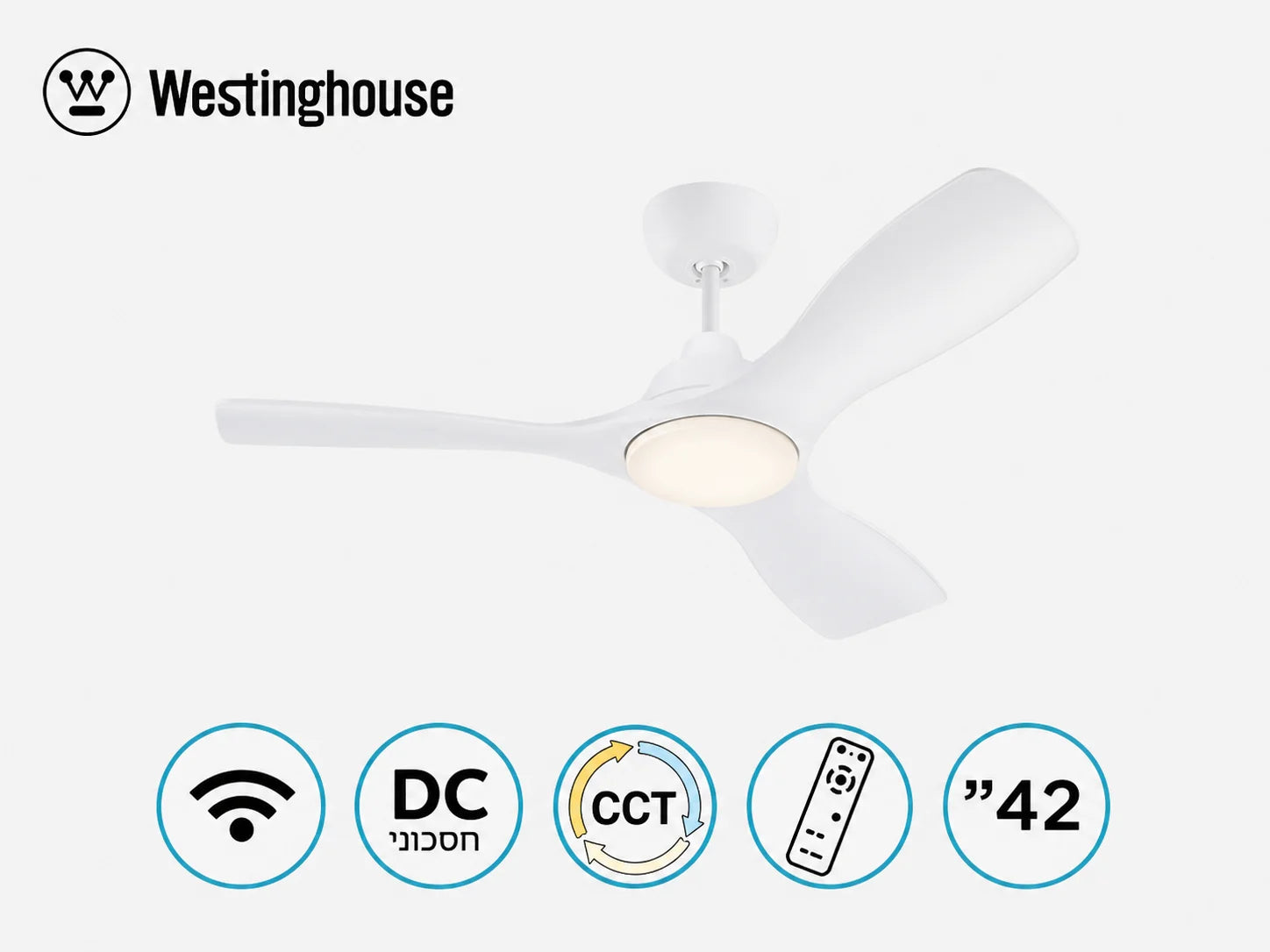 מאוורר תקרה Westinghouse בגימור לבן עם מנוע DC וסמלי מאפייני המוצר