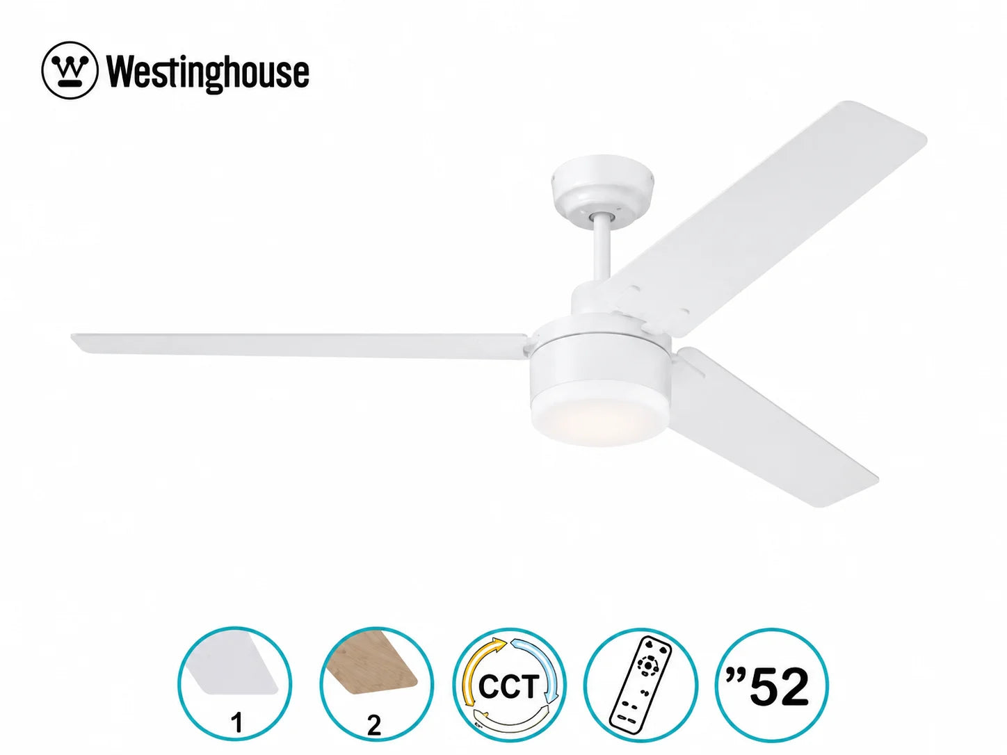 מאוורר תקרה Westinghouse לבן עם 3 כנפיים, תאורה וסמלי מאפייני המוצר