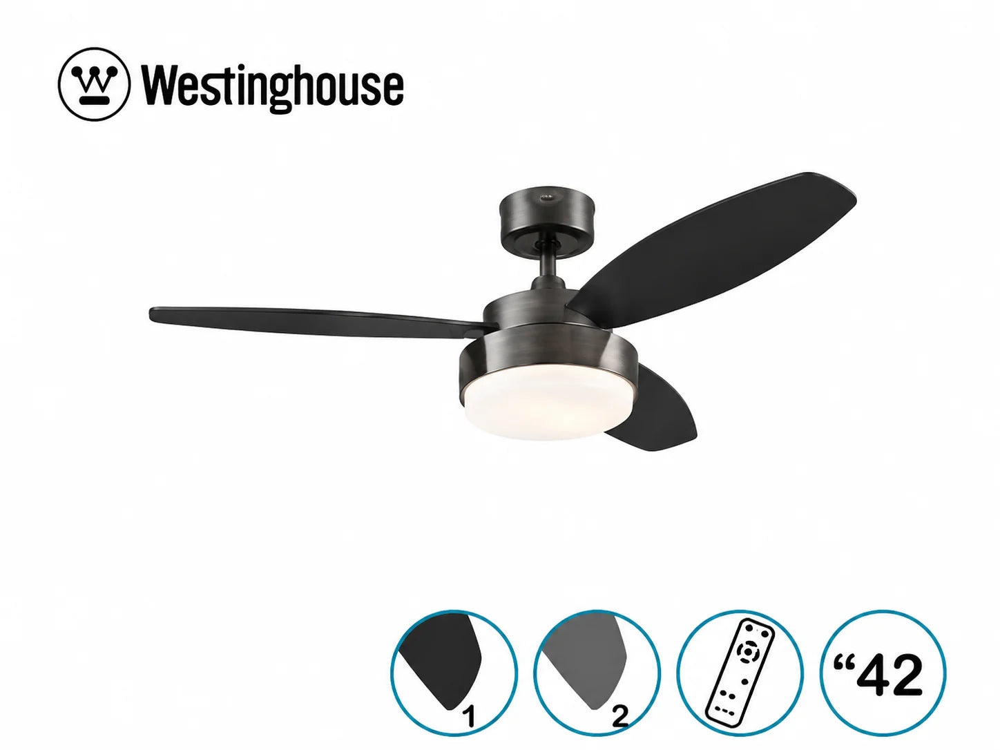 מאוורר תקרה Westinghouse שחור 42 אינץ׳ עם שלוש כנפיים וסמלי מאפייני המוצר