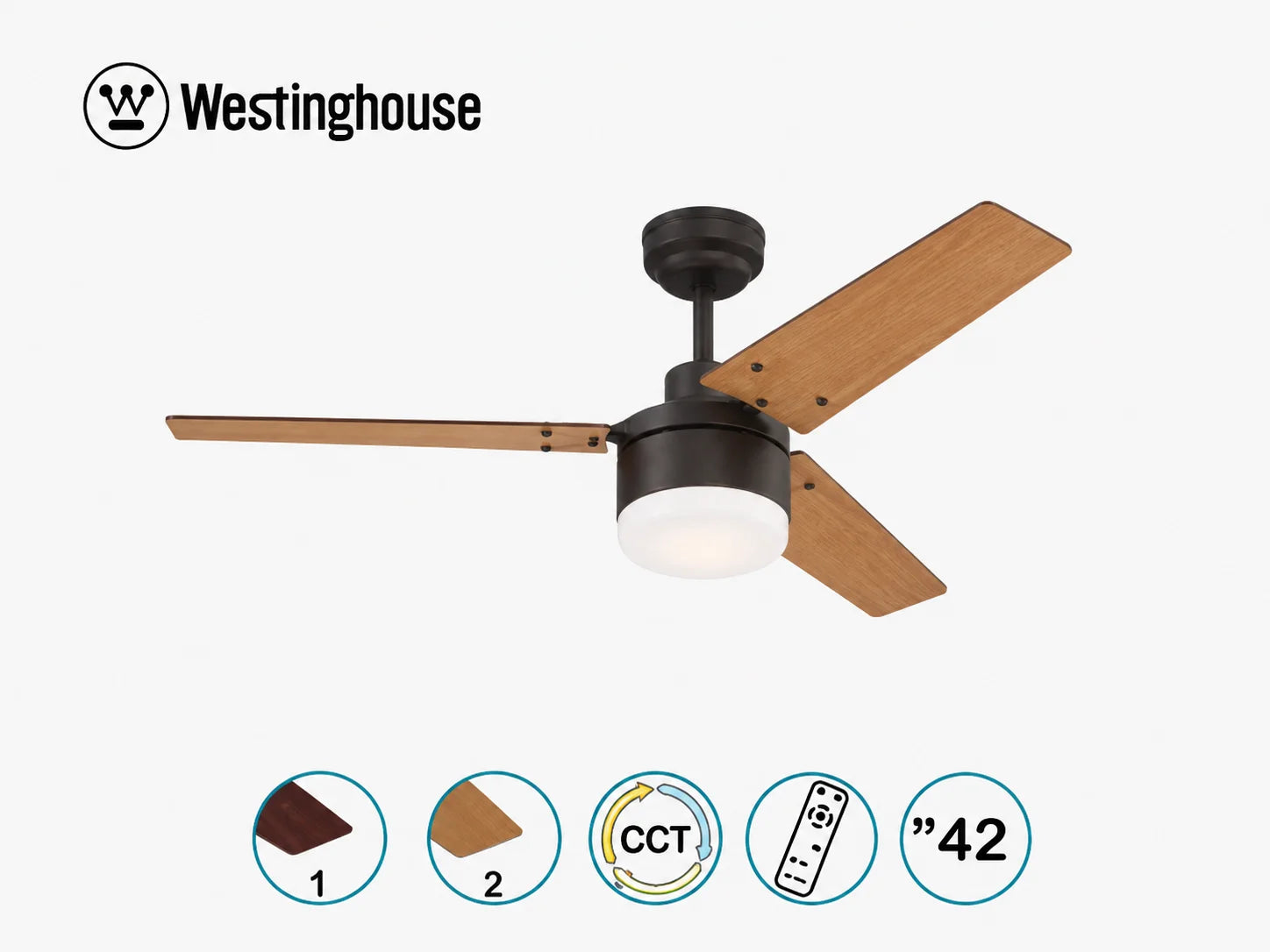 מאוורר תקרה Westinghouse עם כנפי עץ, גוף שחור ותצוגת מאפייני המוצר
