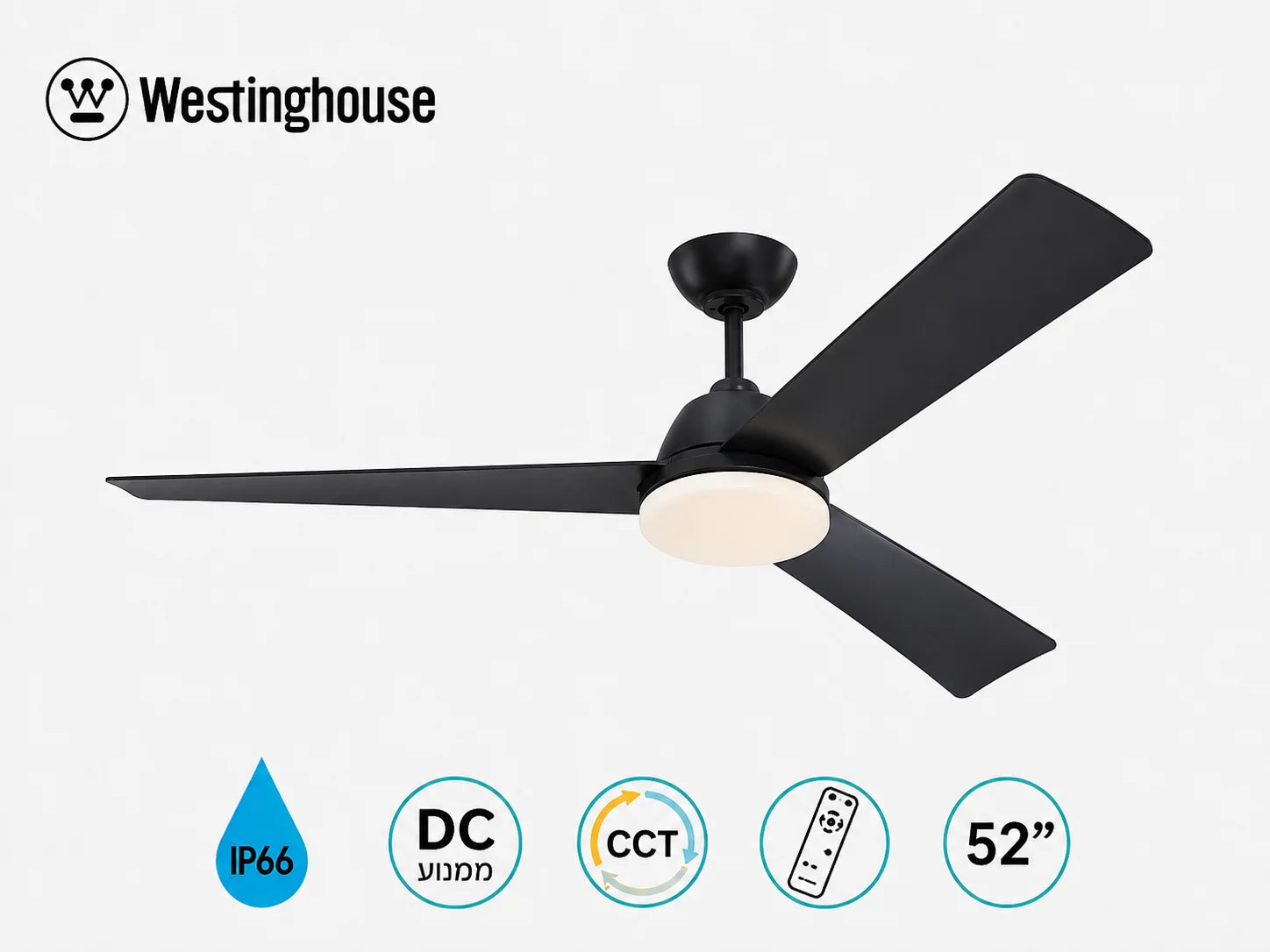 מאוורר תקרה Westinghouse שחור עם שלוש כנפיים וסמלי מאפייני המוצר