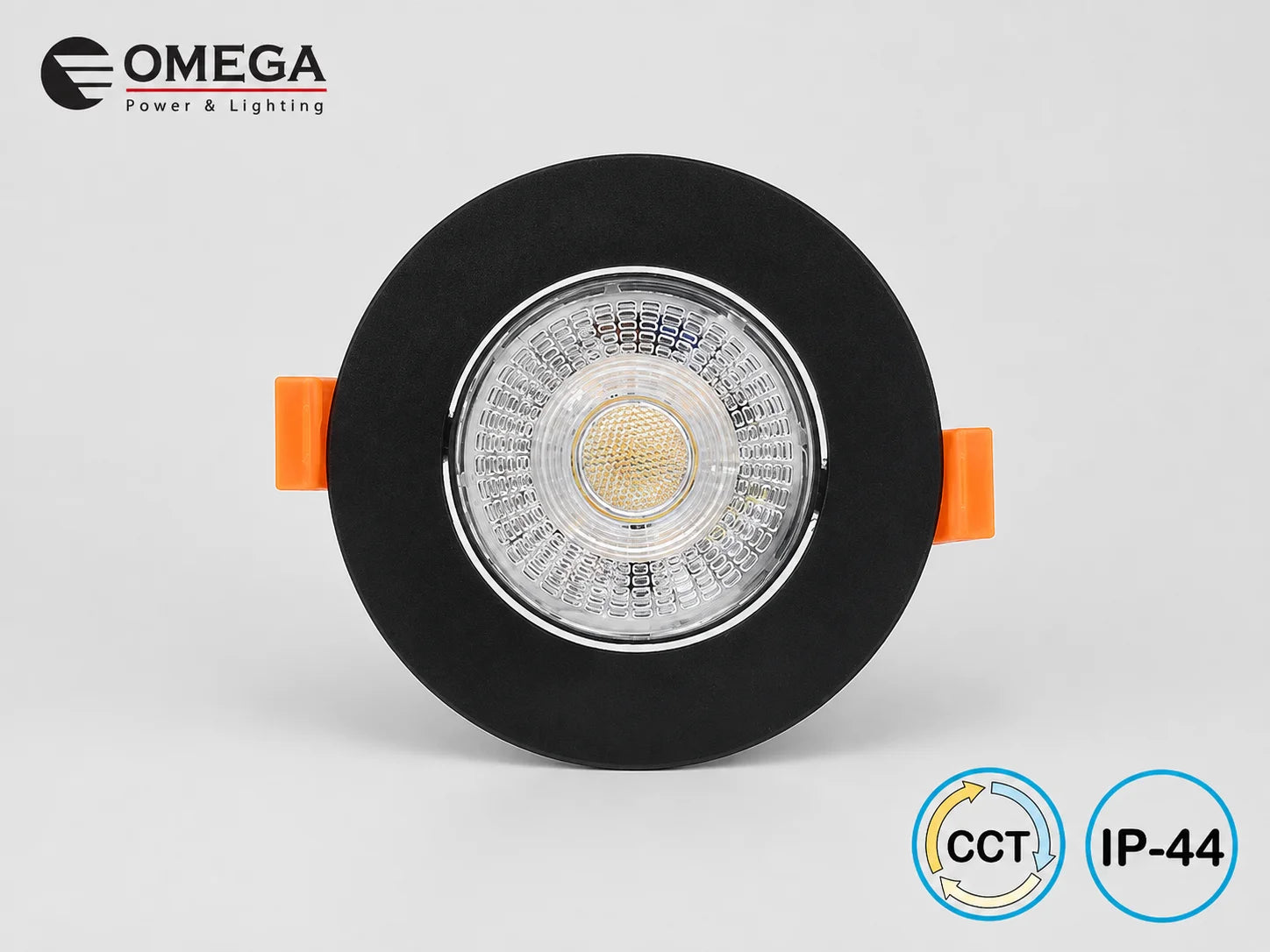 ספוט שחור OMEGA במבט חזיתי עם נורת לד מרכזית