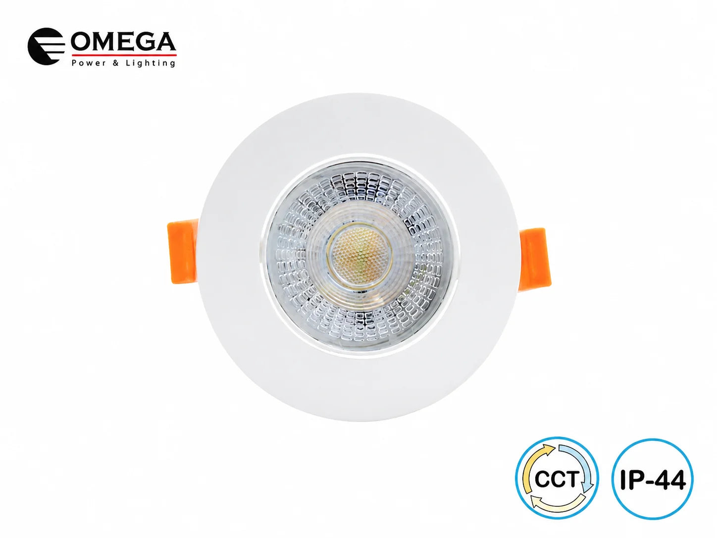 ספוט שקוע לבן של OMEGA במבט חזיתי עם מודול תאורה מרכזי