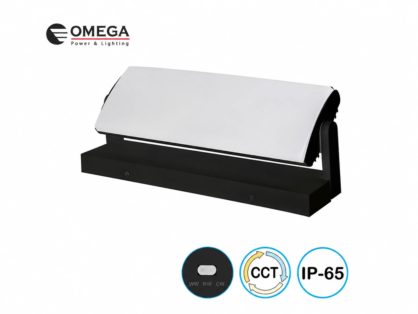 גוף תאורה OLYMPUS לבן-שחור בתצוגת מוצר עם סמלי CCT ועמידות