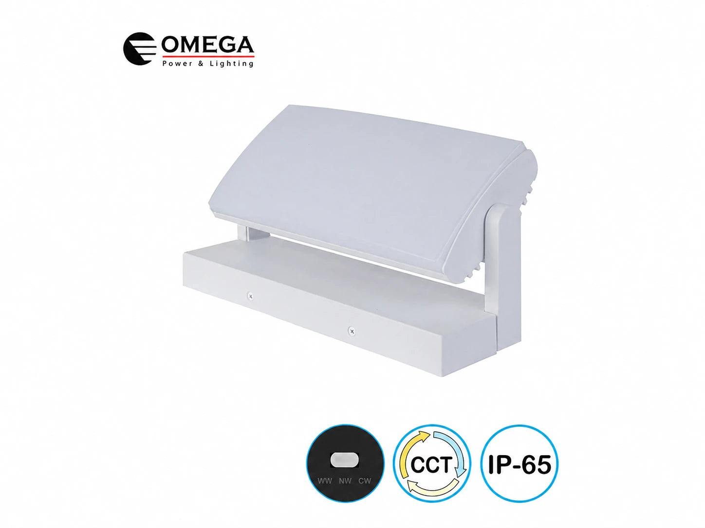 גוף תאורה OLYMPUS לבן בתצוגת מוצר על רקע לבן עם סמלי CCT ועמידות