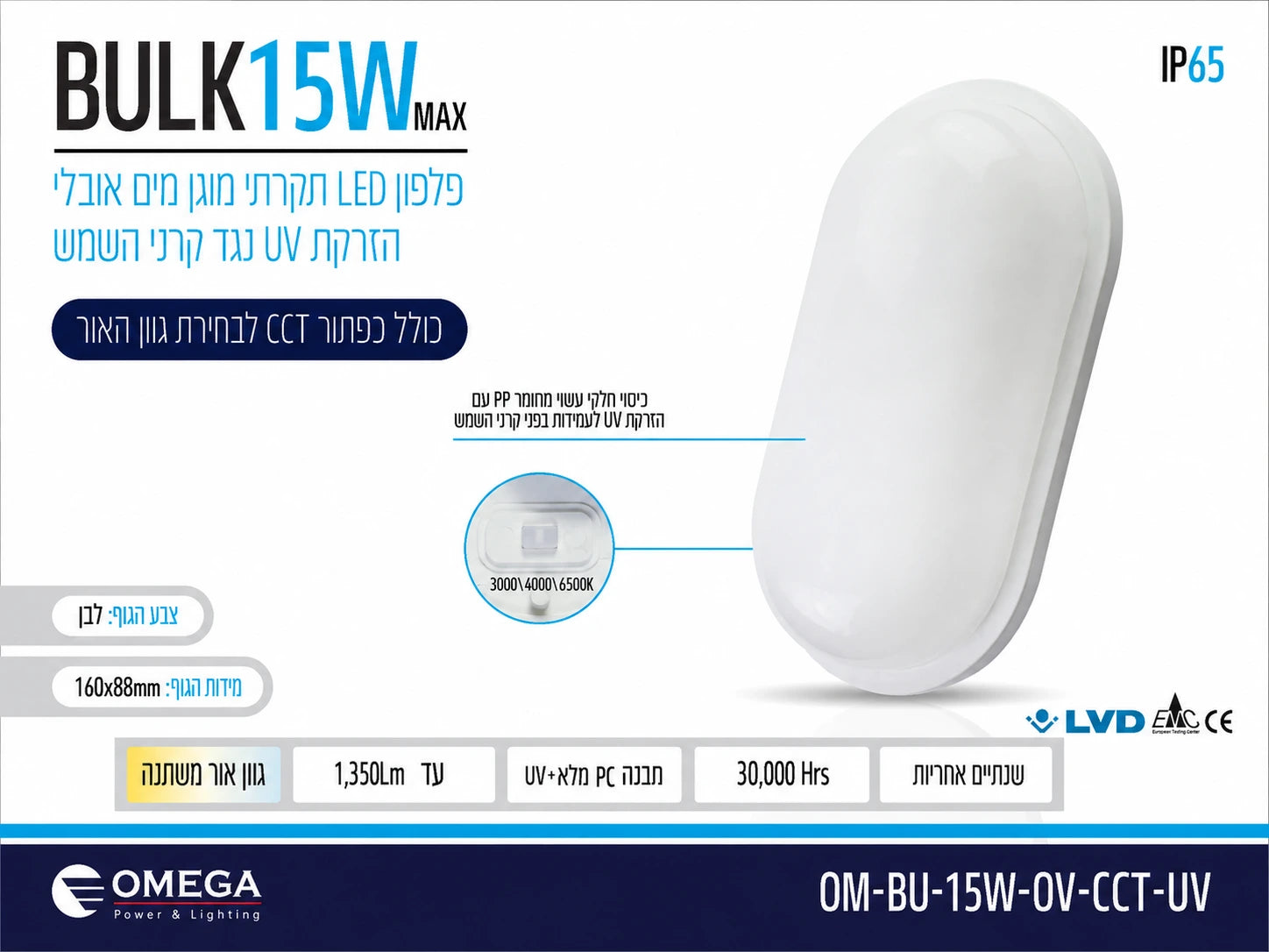 כרטיס מפרט לגוף תאורה BULK 15W אובלי לבן עם מפזר אור חלבי