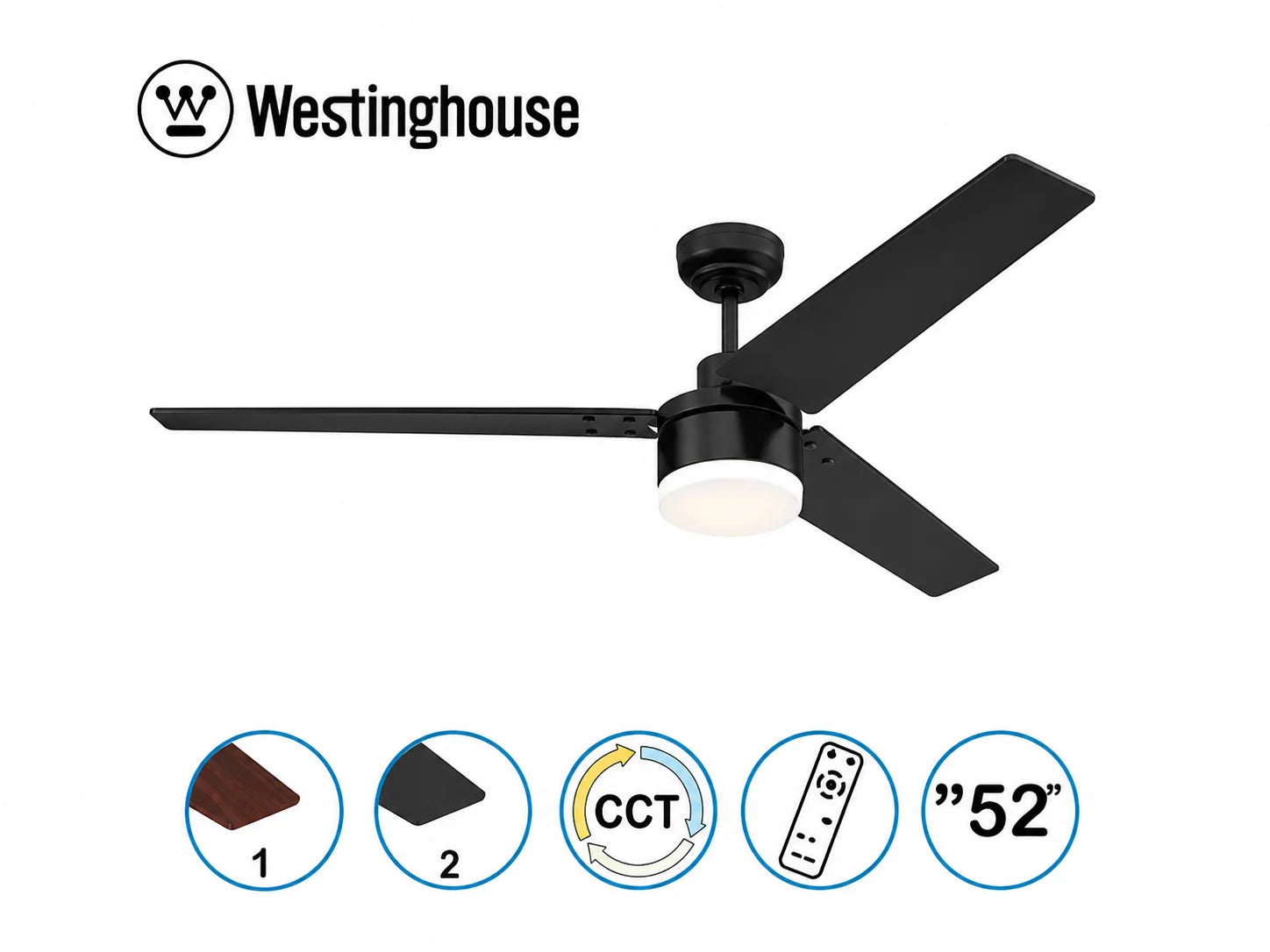 מאוורר תקרה Westinghouse בגימור שחור עם שלוש כנפיים וסמלי מאפייני המוצר