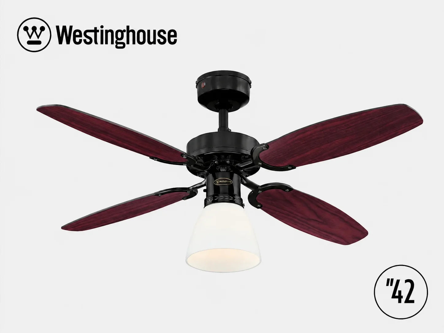 מאוורר תקרה Westinghouse עם ארבע כנפיים בגוון כהה ונורה מרכזית דקורטיבית