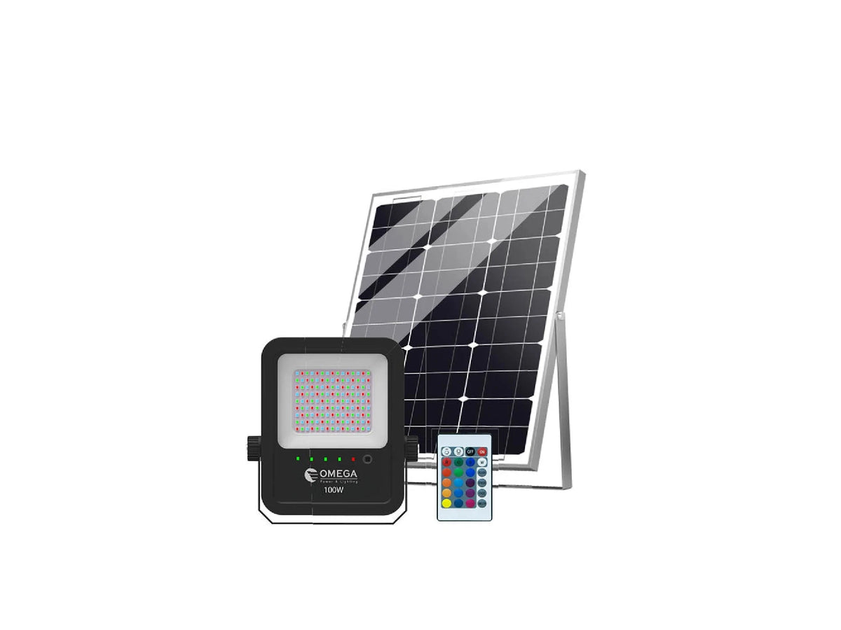 זרקור נטען GAMA 100W+שלט+פאנל סולארי OMEGA IP65 RGB - Flood Lights באתר לדמרקט