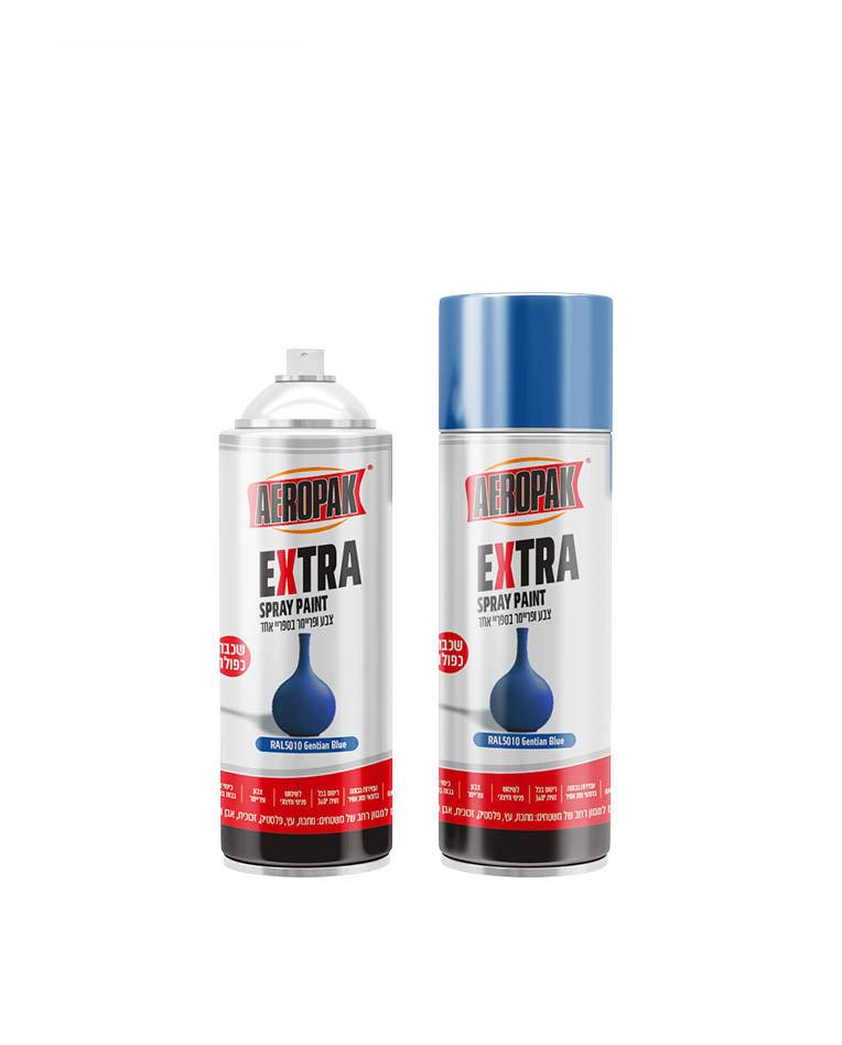 שני מיכלי ספריי צבע AEROPAK EXTRA בצבע כחול RAL5010 Gentian Blue ובגימור מבריק עם מכסה כחול.
