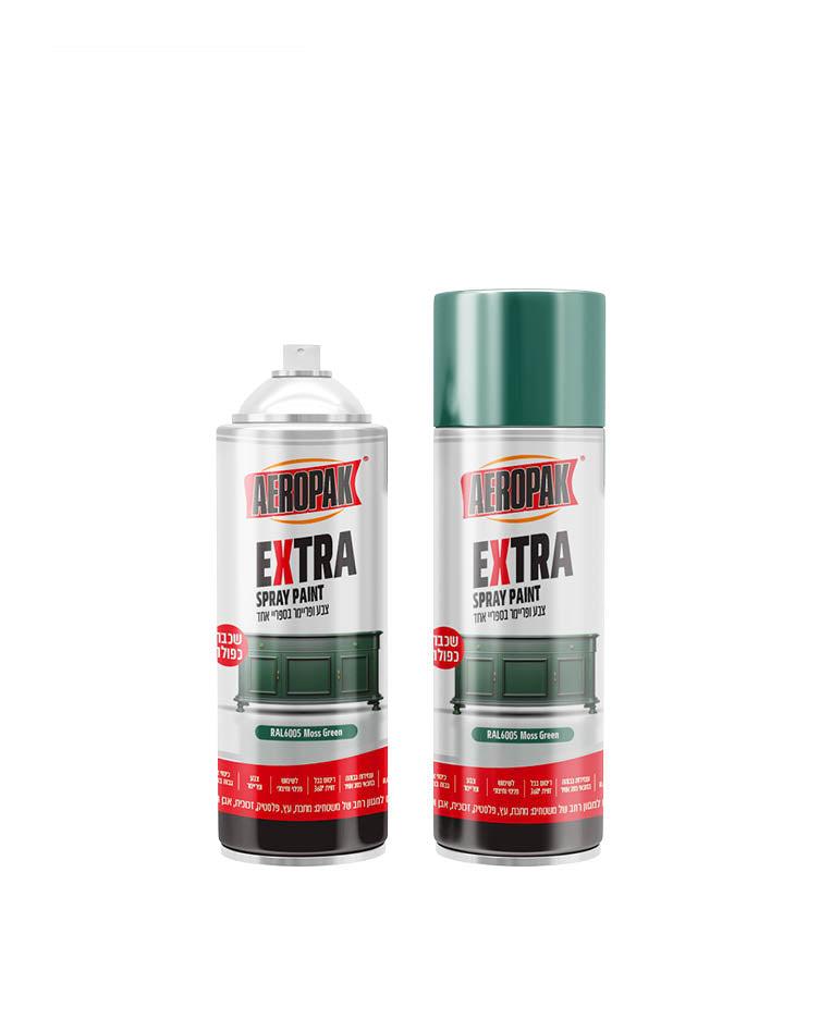 שני ספריי צבע AEROPAK EXTRA ירוקים מסוג RAL6005 Moss Green, בגליל אלומיניום עם פקק תואם.