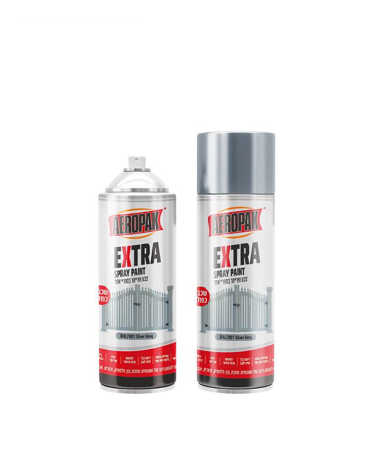 שני בקבוקי ספריי צבע AEROPAK EXTRA בגוון כסוף RAL7001 Silver Grey עם מכסה כסוף.