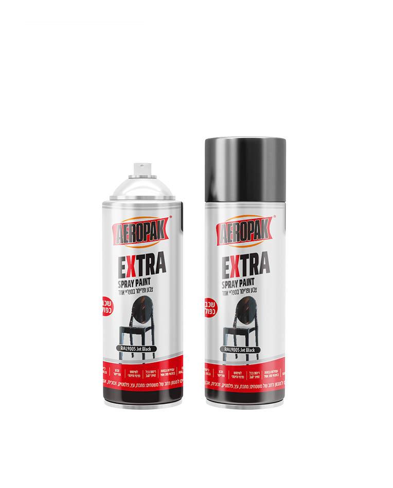 שני בקבוקי ספריי צבע AEROPAK EXTRA בצבע שחור מט RAL9005 Jet Black, בגימור כסוף ושחור.