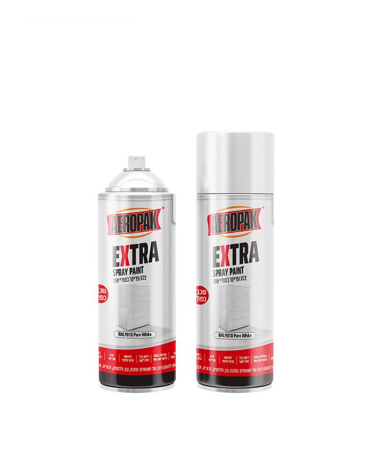שני בקבוקי ספריי צבע AEROPAK EXTRA בגימור לבן RAL9010 Pure White עם מכסים לבנים.