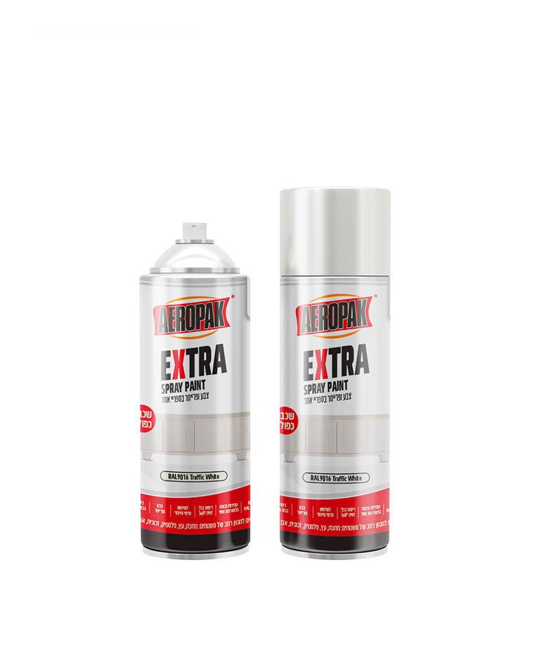 שני תרסיסי צבע AEROPAK EXTRA לבנים בגוון RAL9016 Traffic White, בטכנולוגיית כיסוי כפול.