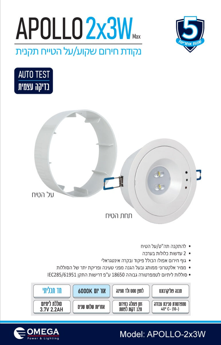 נקודת חירום אפולו שקועה/על הטיח - תאורת חירום באתר לדמרקט