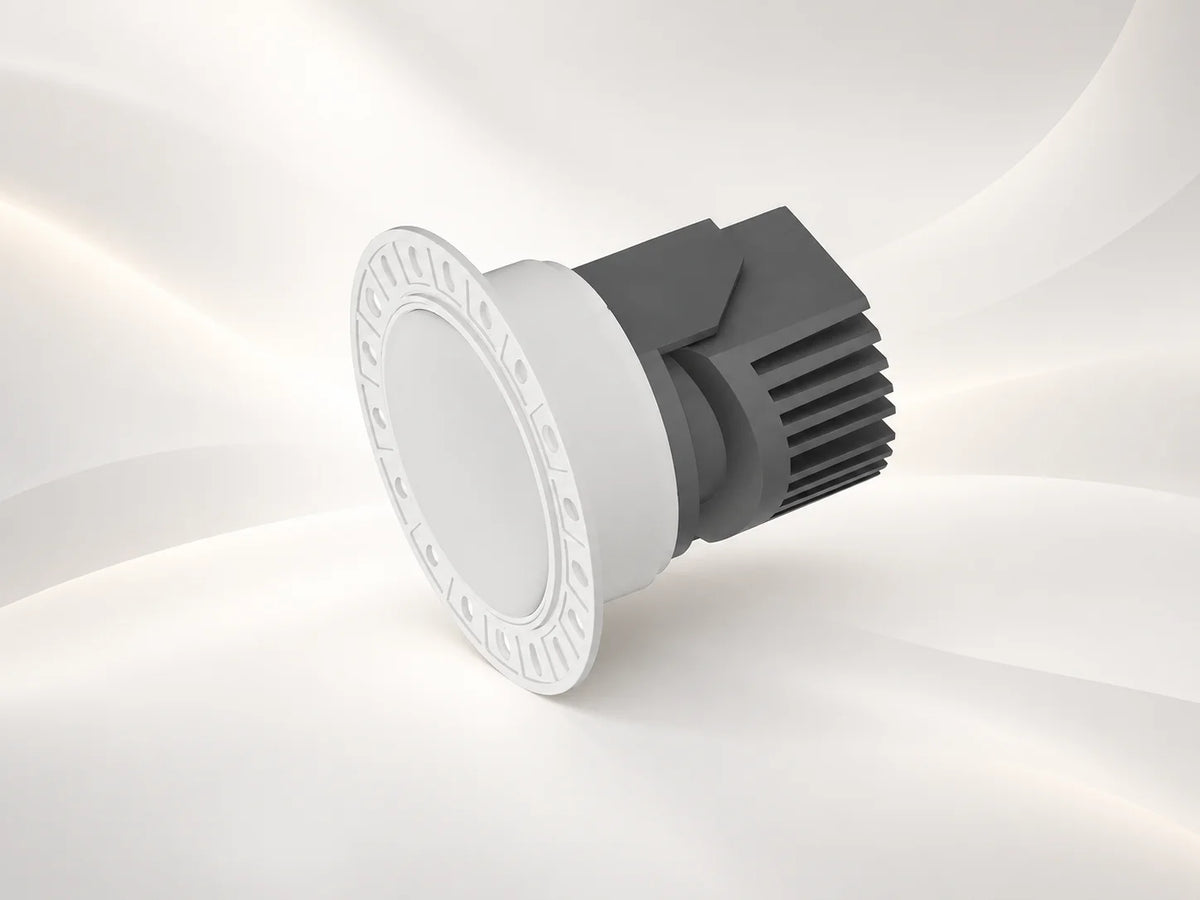 גוף תאורה שקוע תקרה עגול WALL WHASHER CCT טרימלס, בגימור לבן ואפור של OMEGA.