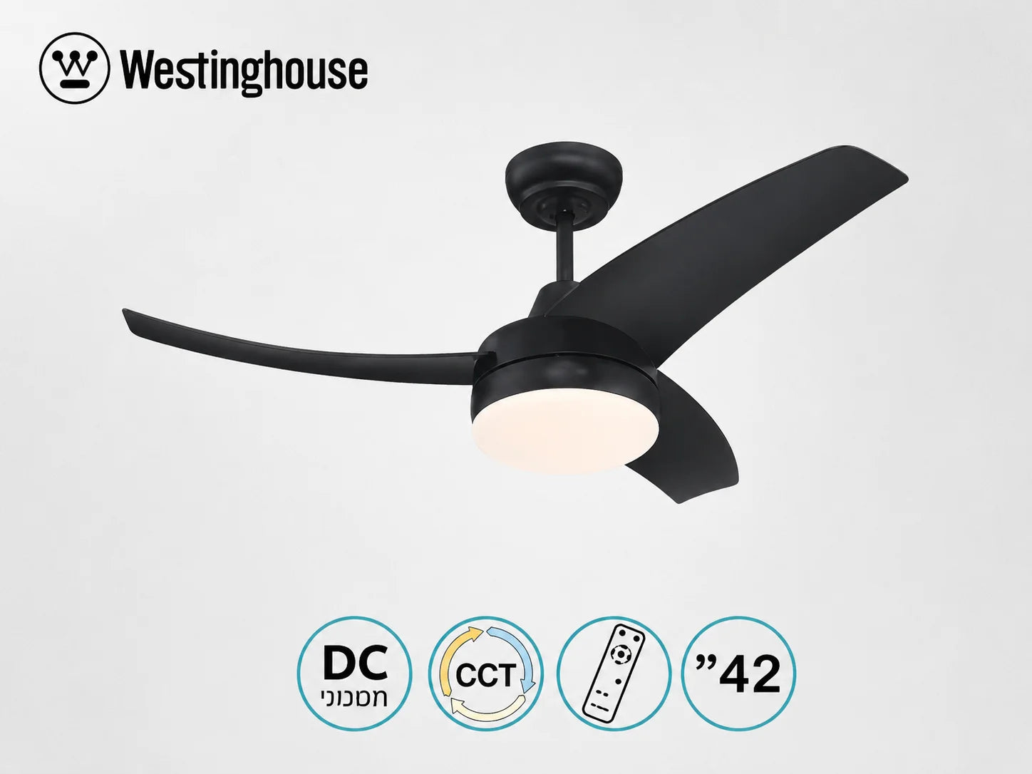 מאוורר תקרה Westinghouse בגימור שחור עם שלוש כנפיים וסמלי מאפייני המוצר