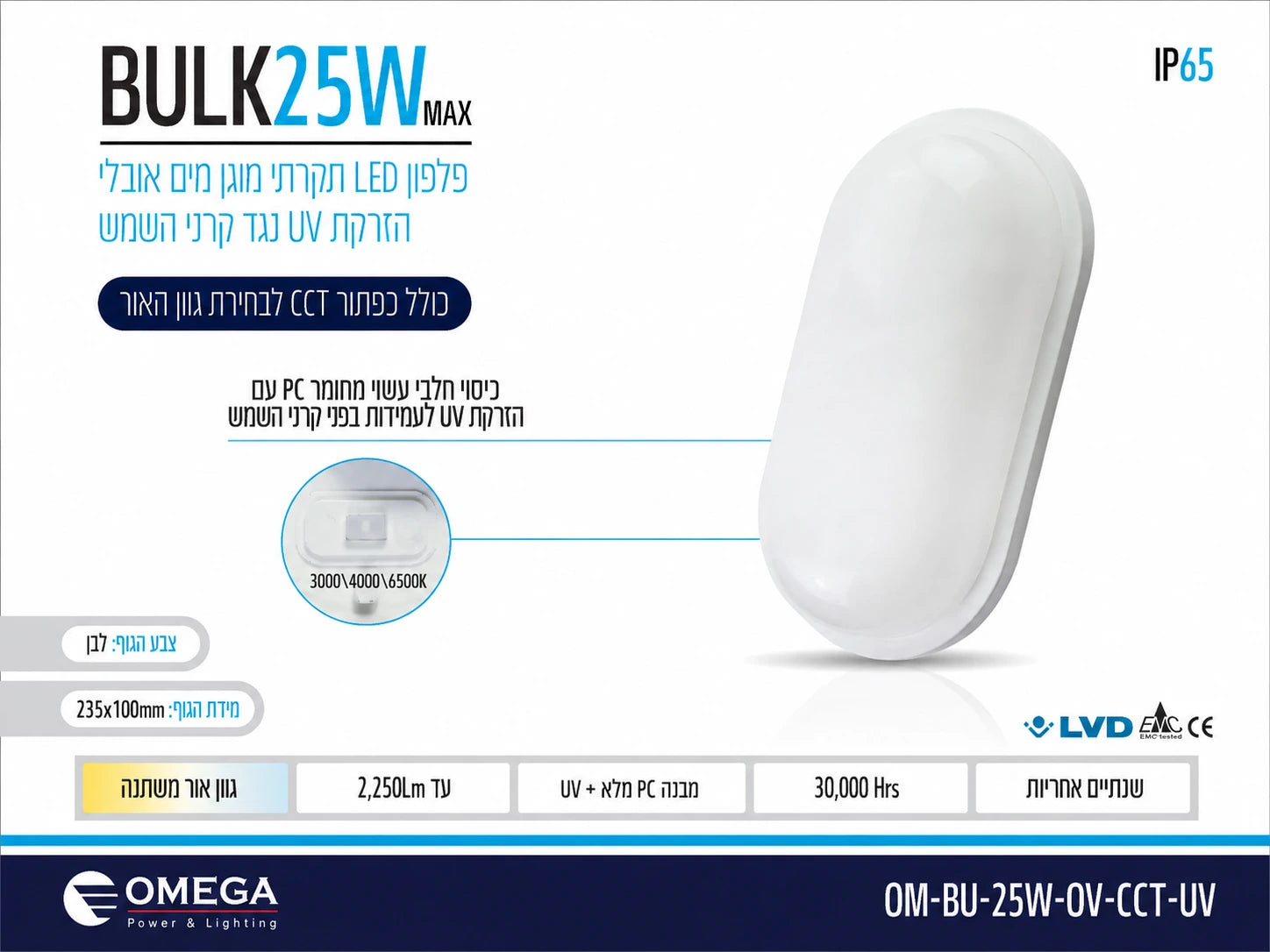 כרטיס מפרט לגוף תאורה BULK 15W אובלי לבן עם מפזר אור חלבי