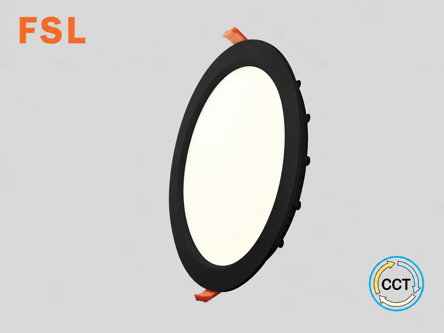 פאנל LED שקוע עגול שחור של FSL עם מסגרת דקה וקפיצי התקנה כתומים