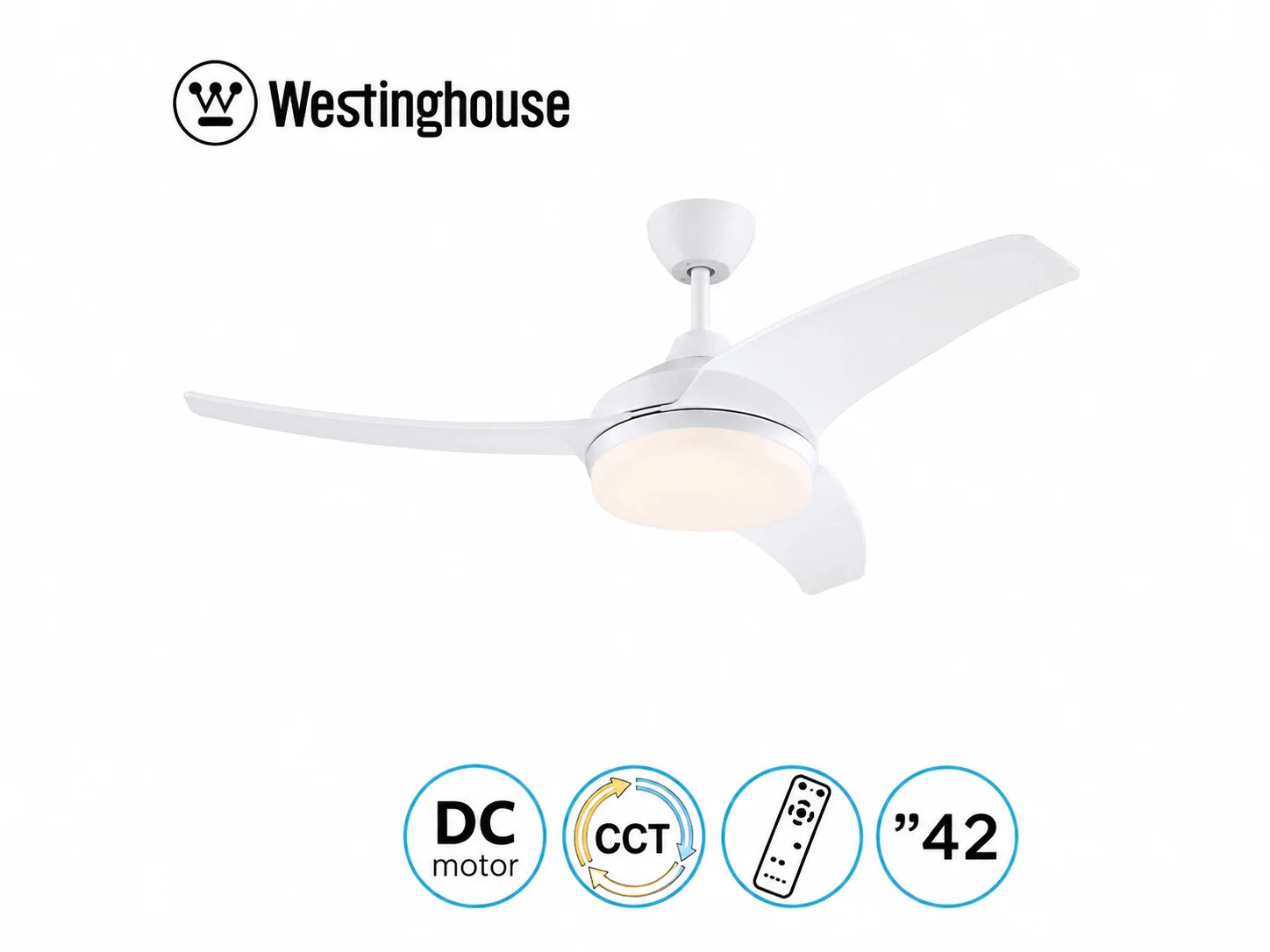 מאוורר תקרה Westinghouse לבן עם שלוש כנפיים וסמלי מאפייני המוצר
