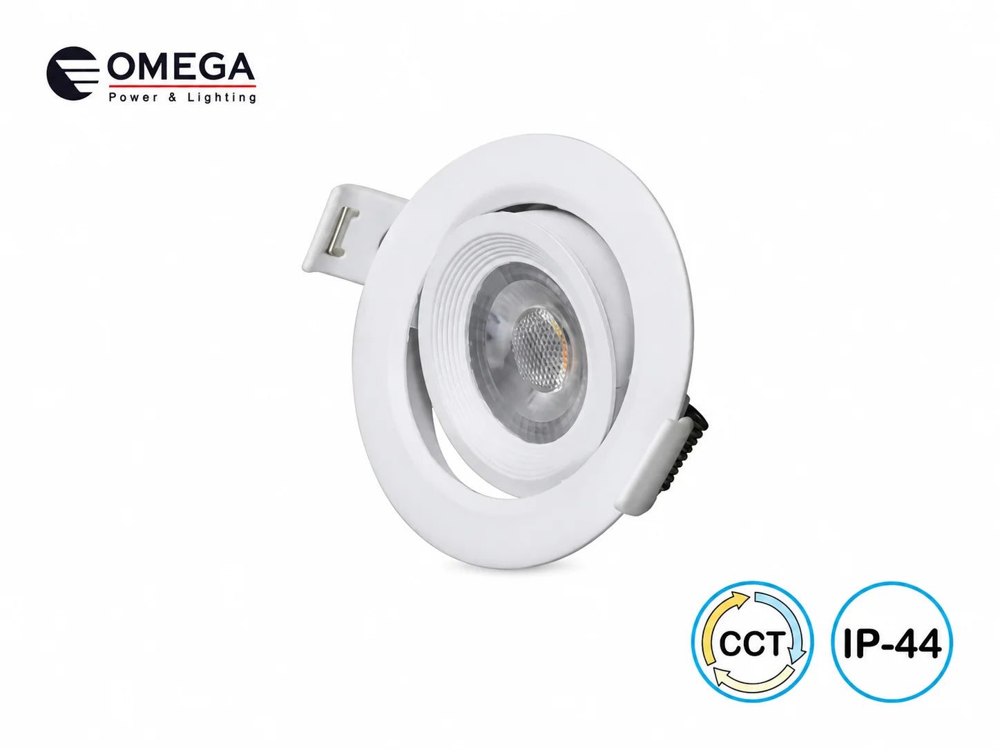 גוף תאורה שקוע לבן של OMEGA במבט אלכסוני עם סימוני CCT ו־IP44