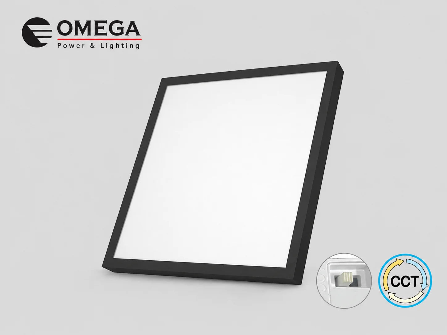 פאנל LED מרובע שחור של OMEGA עם מסגרת דקה ופיזור אור אחיד
