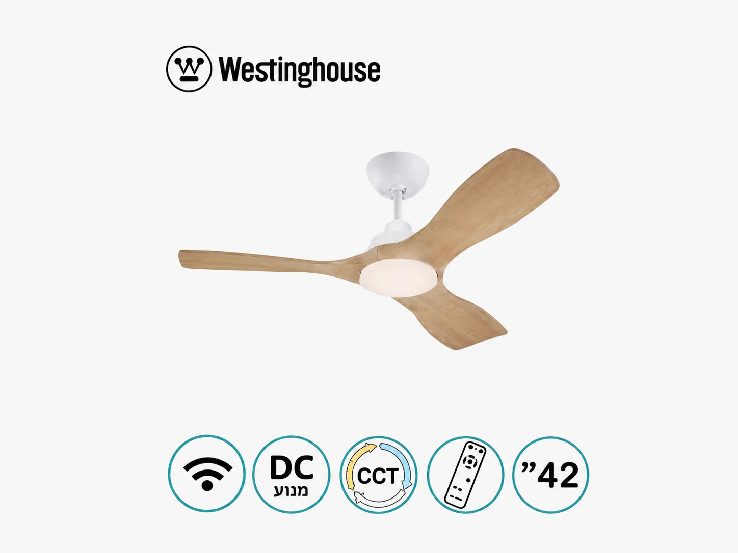 מאוורר תקרה Westinghouse עם כנפיים בהירות, גוף לבן וסמלי מאפייני המוצר